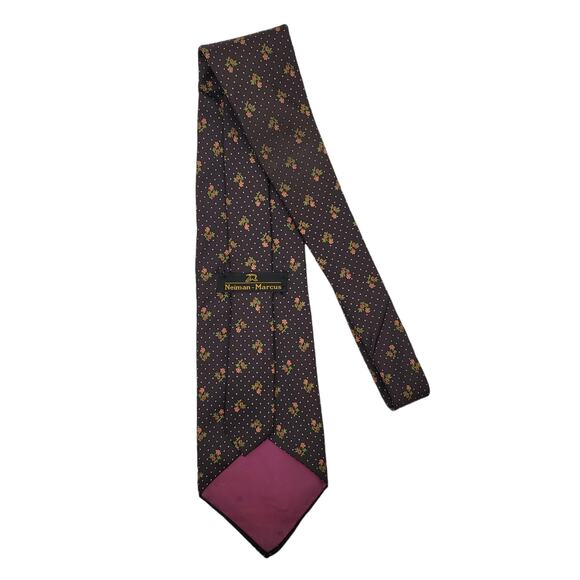 VINTAGE Neiman Marcus Brown and Floral Dotted Neck Tie - Picture 4 of 7